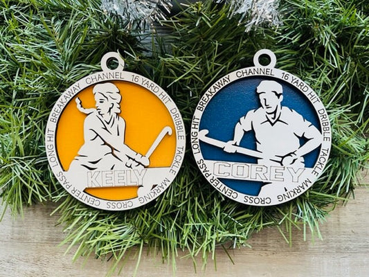 Field Hockey Ornament/ Personalized Ornaments/ Christmas Ornaments/ Field Hockey Gift/ Male or Female/ Glitter or Standard Backer/ No Icons