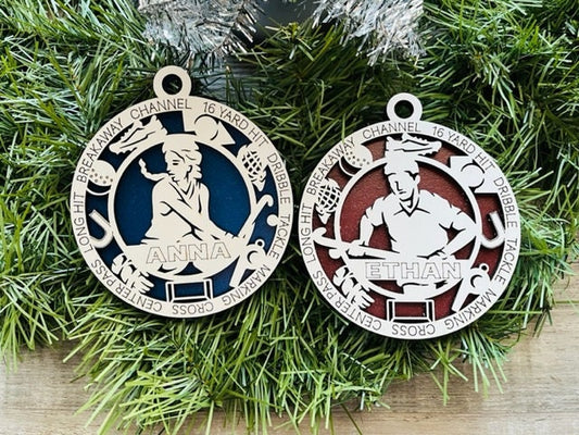 Field Hockey Ornament/ Personalized Ornaments/ Christmas Ornaments/ Field Hockey Gift/ Male or Female/ Glitter or Standard Backer/With Icons