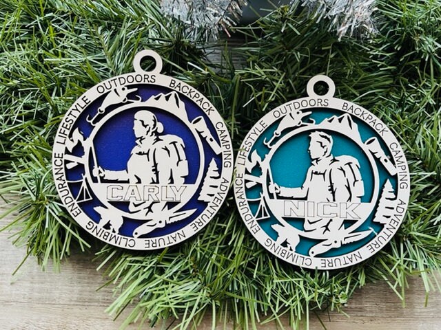 Hiking Ornament/ Personalized Ornaments/ Christmas Ornaments/ Hiking Gift/ Hiker Gift/ Male or Female/ Glitter or Standard Backer/ With Icon