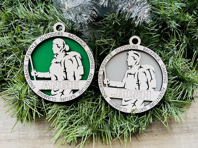 Hiking Ornament/ Personalized Ornaments/ Christmas Ornaments/ Hiking Gift/ Hiker Gift/ Male or Female/ Glitter or Standard Backer/ No Icons