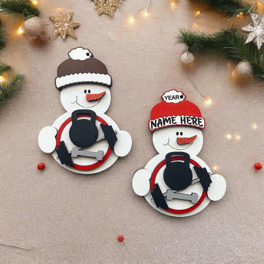 Weightlifting Snowman Ornament/ Weightlifting Ornament/ Sports Ornament/ Snowman Weight Ornament/ Snowman with Beanie/Available Personalized