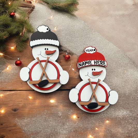 Hockey Snowman Ornament/ Hockey Ornament/ Sports Ornament/ Snowman Hockey Ornament/ Snowman with Beanie/ Available Personalized