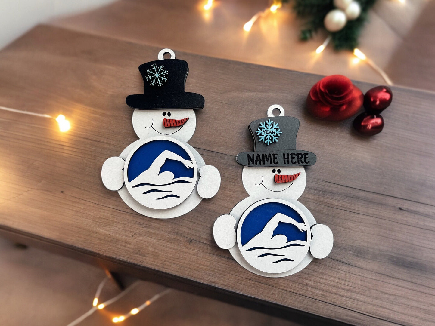 Swimming Snowman Ornament/ Swimming Ornament/ Sports Ornament/ Snowman Swimming Ornament/ Snowman with Top Hat/ Available Personalized