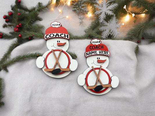 Hockey Coach Snowman Ornament/ Hockey Coach Ornament/ Sports Ornament/ Snowman Hockey Ornament/ Snowman with Beanie/ Available Personalized