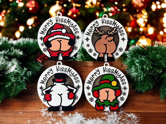 Merry Kiss My Ass Ornament/ Naughty Ornaments/ Santa Butt Ornament/ Reindeer Butt Ornament/ Snowman Butt Ornament/ Elf Butt Ornament/ Funny