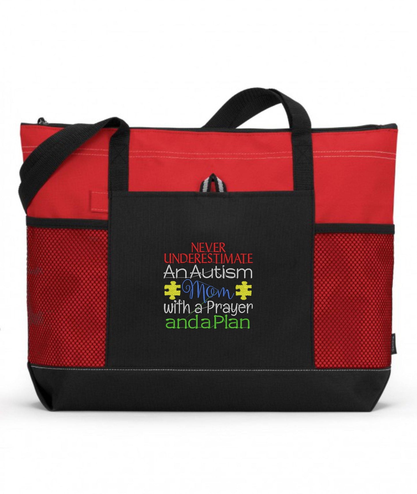 Never Underestimate An Autism Mom With A Prayer And A Plan Autism Embroidered Tote Bag