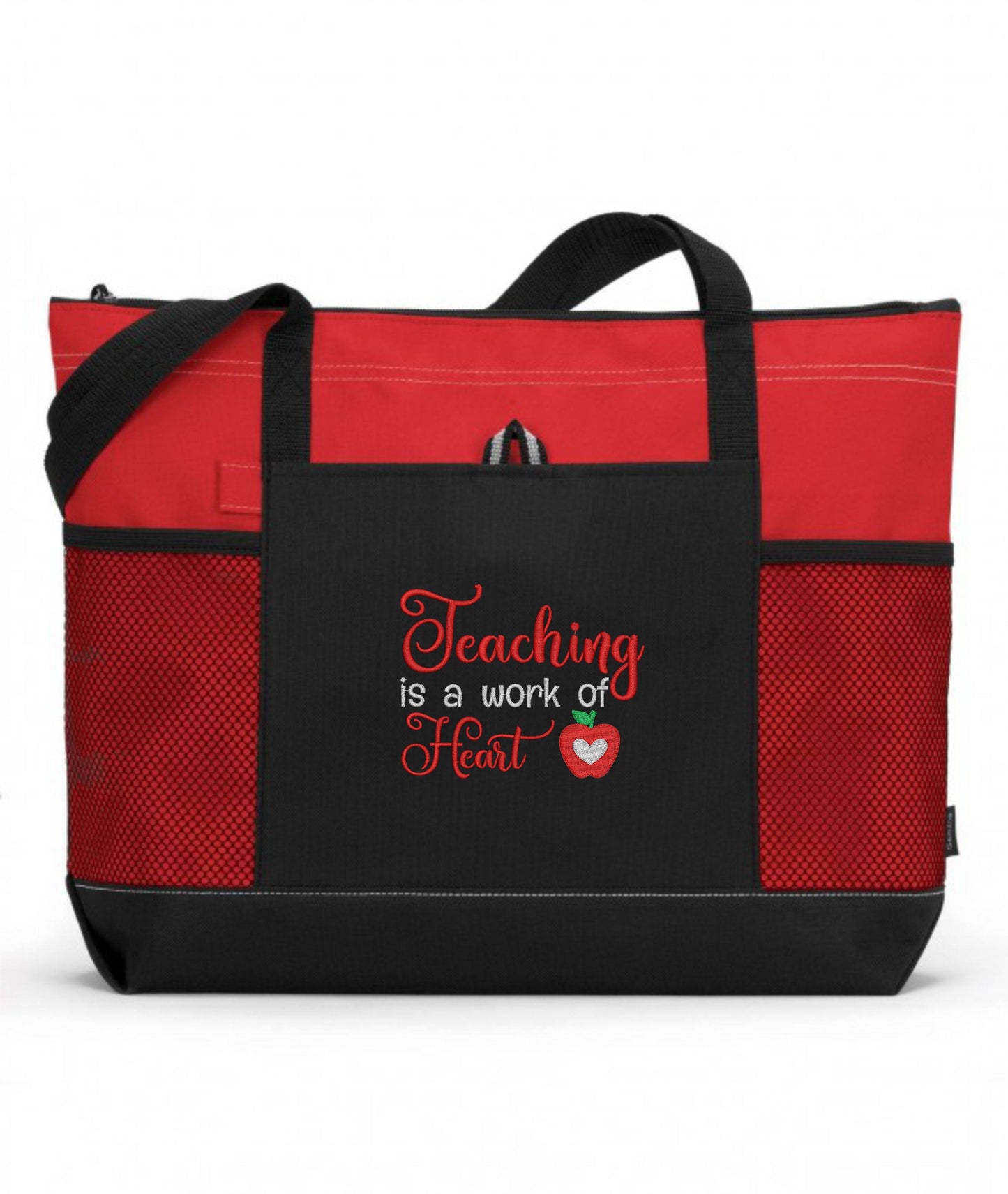 Teaching Is A Work Of Heart with Small Apple Embroidered Teacher Tote Bag