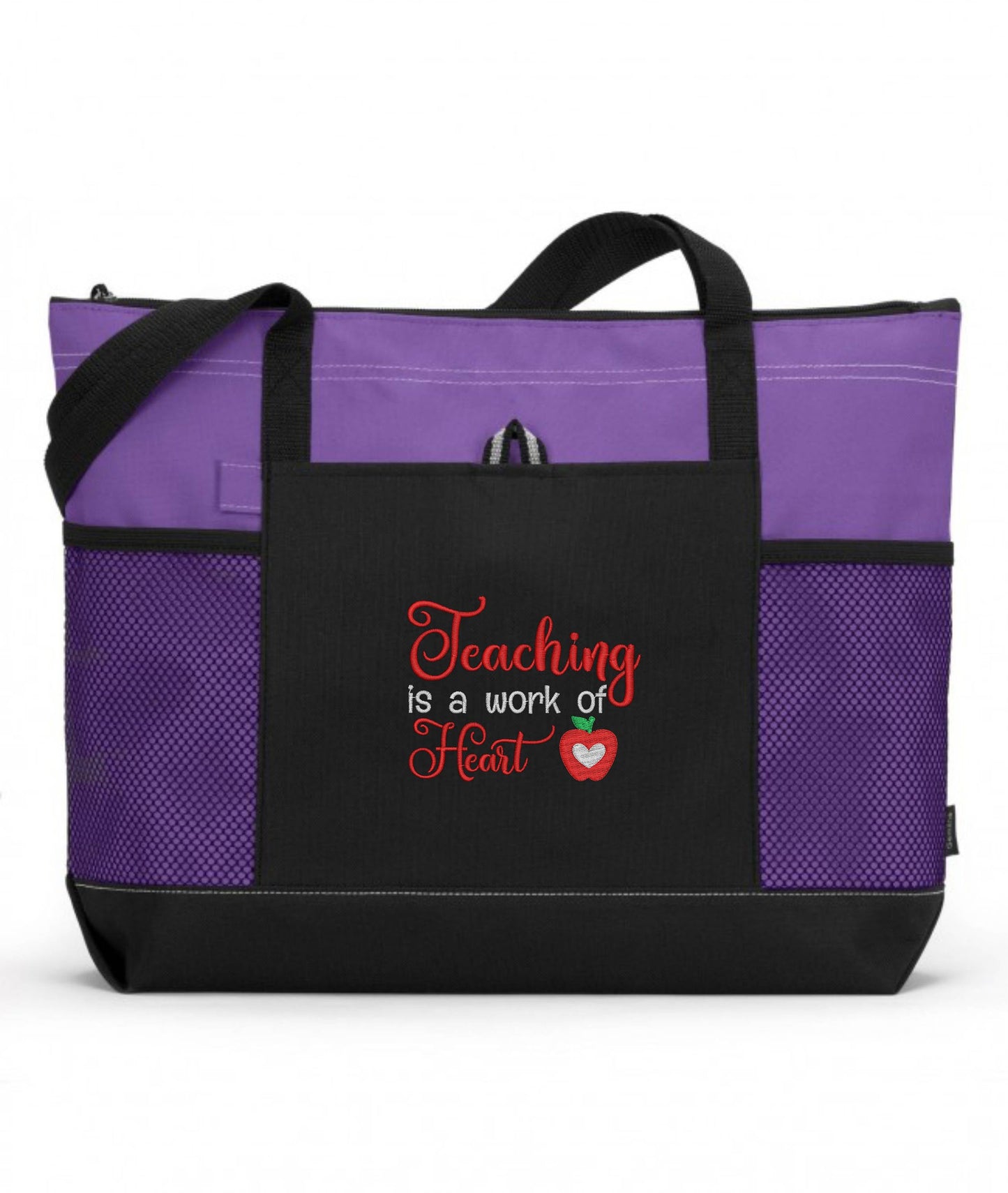 Teaching Is A Work Of Heart with Small Apple Embroidered Teacher Tote Bag