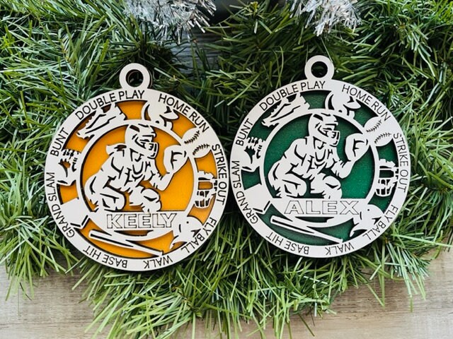 Baseball Catcher Ornament/ Softball Catcher Ornament/ Personalized Ornaments/ Sports Ornaments/ Glitter or Standard Backer/ With Icons